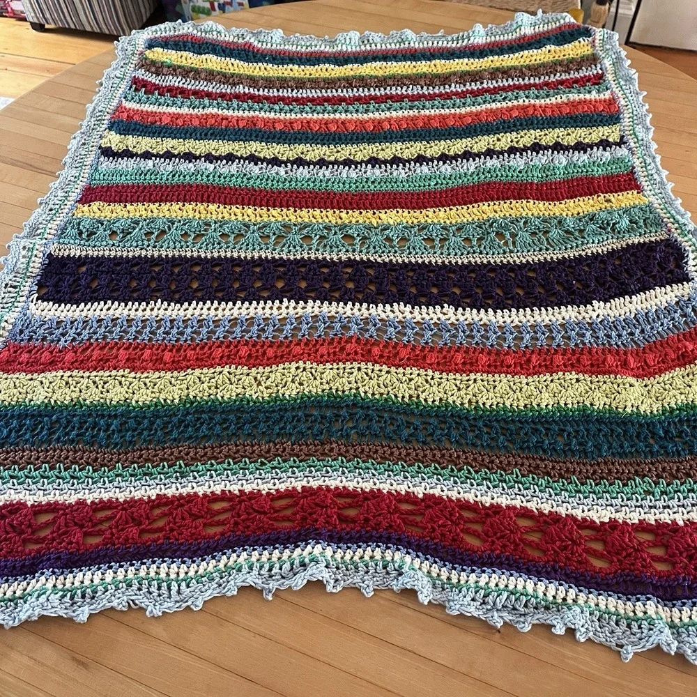 Handmade Crochet Baby Blanket Bold Rainbow Ripple‎ Infant Child Afghan 32x36